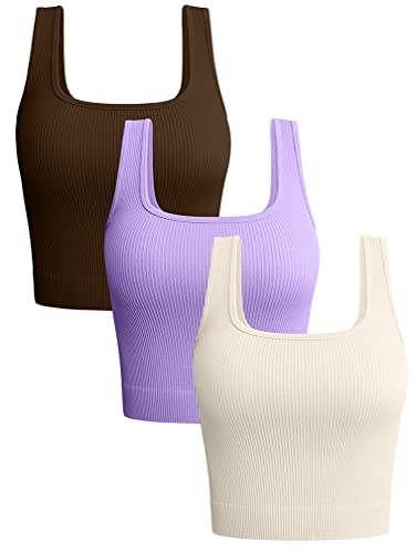 OQQ Damen 3-teiliges Tank-Top, gerippt, nahtlos, Workout-Shirts, Yoga, bauchfreies Top, Kaffee, Lavendel, Beige, Mittel von OQQ