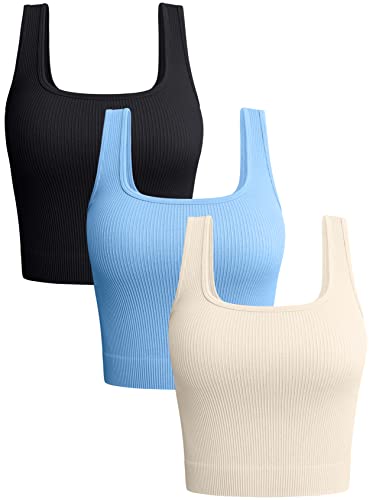 OQQ Damen 3-teiliges Tank-Top, gerippt, nahtlos, Workout-Shirts, Yoga, bauchfreies Top, Schwarz, Candyblue, Beige, Klein von OQQ