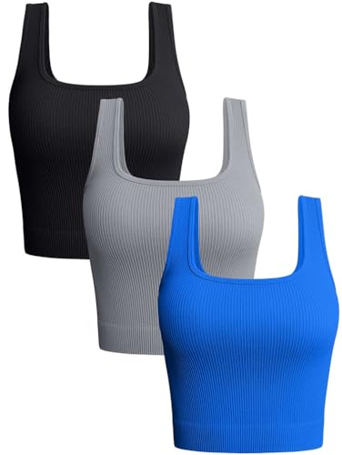 OQQ Damen 3-teiliges Tank-Top, gerippt, nahtlos, Workout-Shirts, Yoga, bauchfreies Top, Schwarz Grau Blau, Klein von OQQ