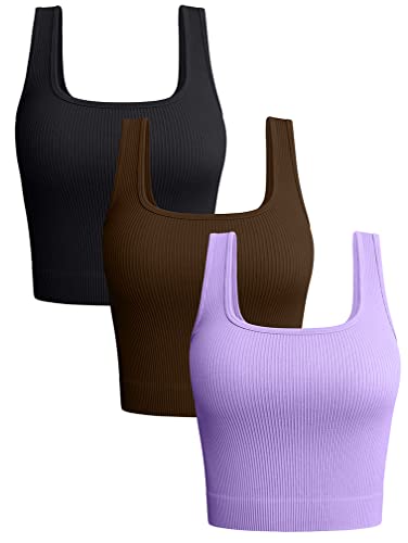 OQQ Damen 3-teiliges Tank-Top, gerippt, nahtlos, Workout-Shirts, Yoga, bauchfreies Top, Schwarzer Kaffee-Lavendel, Groß von OQQ