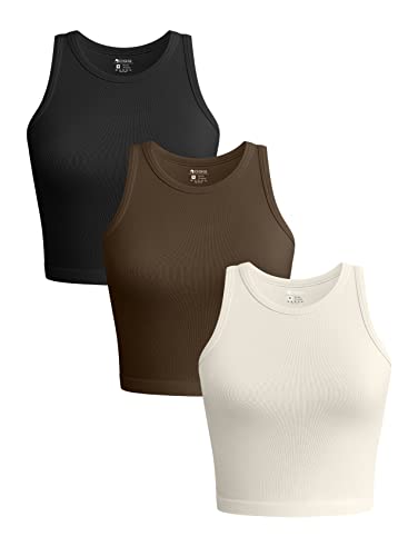 OQQ Damen 3-teiliges Tank-Top, gerippt, nahtlos, Yoga-Shirts, Workout, Übung, Racerback, Crop Tops, Schwarz, Kaffee, Beige, Klein von OQQ