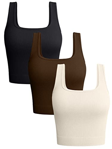 OQQ Damen 3-teiliges Tank Tops Gerippte Nahtlose Workout Training Shirts Yoga Crop Tops, Schwarz, Kaffee, Beige, Mittel von OQQ