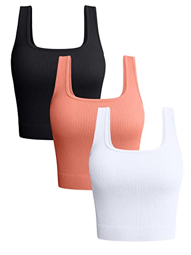 OQQ Damen 3-teiliges Tank Tops Gerippte Nahtlose Workout Training Shirts Yoga Crop Tops, Schwarz, Koralle, Orange, Weiß, Groß von OQQ