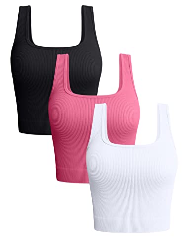 OQQ Damen 3-teiliges Tank Tops Gerippte Nahtlose Workout Training Shirts Yoga Crop Tops, Schwarz, Korallenweiß, Groß von OQQ