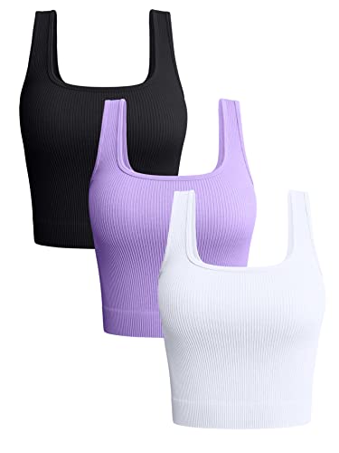 OQQ Damen 3-teiliges Tank Tops Gerippte Nahtlose Workout Training Shirts Yoga Crop Tops, Schwarz, Lavendel, Weiß, Groß von OQQ