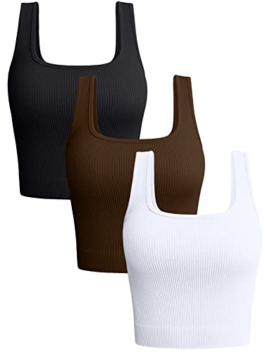 OQQ Damen 3-teiliges Tank Tops Gerippte Nahtlose Workout Training Shirts Yoga Crop Tops, Schwarz / Kaffeeweiß, Mittel von OQQ