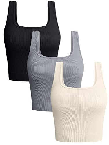 OQQ Damen 3-teiliges Tank Tops Gerippte Nahtlose Workout Training Shirts Yoga Crop Tops, Schwarz Grau Beige, Klein von OQQ