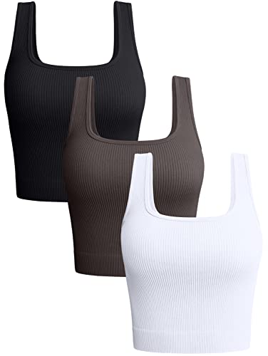 OQQ Damen 3-teiliges Tank-Top, gerippt, nahtlos, Workout-Shirts, Yoga, bauchfreies Top, Black Tea Leaf White, Mittel von OQQ