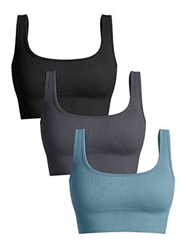 OQQ Damen 3-teiliges Tanktop mit mittlerer Unterstützung, gerippt, nahtlos, abnehmbare Cups, Workout, Übung, Sport-BH, Schwarz, Dunkelgrau, Blau, Large, RibbedtopsOQ077 von OQQ