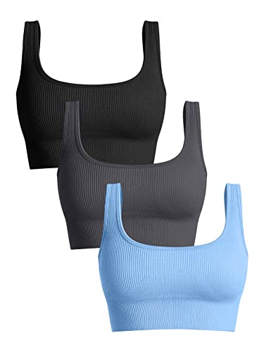 OQQ Damen 3-teiliges Tanktop mit mittlerer Unterstützung, gerippt, nahtlos, abnehmbare Cups, Workout, Übung, Sport-BH, Schwarz, Dunkelgrau, Candyblue, small von OQQ