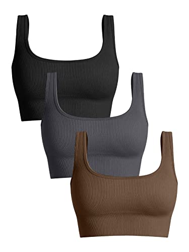 OQQ Damen 3-teiliges Tanktop mit mittlerer Unterstützung, gerippt, nahtlos, abnehmbare Cups, Workout, Übung, Sport-BH, Schwarz Dunkelgrau Kaffee, small von OQQ