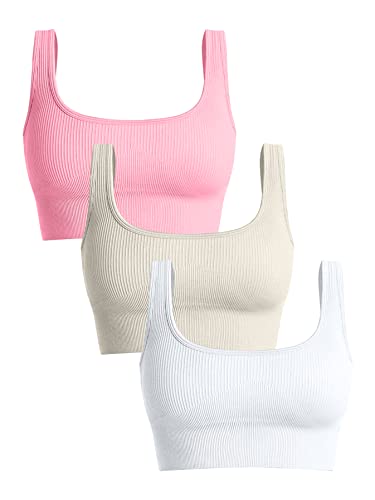 OQQ Damen 3-teiliges Tanktop mit mittlerer Unterstützung, gerippt, nahtlos, abnehmbare Körbchen, Workout, Übung, Sport BH, Candypink Beige Weiß, small von OQQ