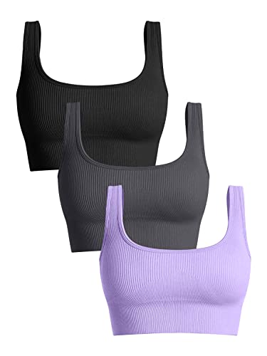 OQQ Damen 3-teiliges Tanktop mit mittlerer Unterstützung, gerippt, nahtlos, abnehmbare Körbchen, Workout, Übung, Sport BH, Schwarz Dunkelgrau Lavendel, small von OQQ