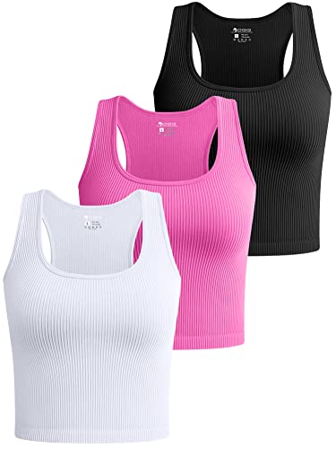 OQQ Damen 3-teiliges bauchfreies Tank-Top, gerippt, nahtlos, Workout, ärmellos, Racerback, bauchfreie Tops, Schwarz / Rosa / Weiß, Mittel von OQQ