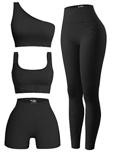 OQQ Damen 4 Stück Outfits Gerippte Übung U-Ausschnitt Sport BH One Shoulder Tops Hohe Taille Shorts Leggings Active Set, Schwarz, Large von OQQ