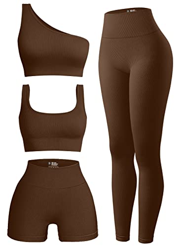 OQQ Damen 4 Stück Outfits Gerippte Übung U-Ausschnitt Sport BH One Shoulder Tops Hohe Taille Shorts Leggings Active Set, coffee, Medium von OQQ