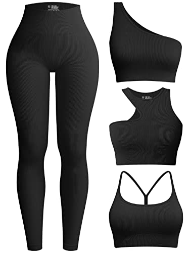 OQQ Damen 4-teiliges Workout-Outfit Gerippte Yoga Hohe Taille Leggings mit 3-teiligen Crop Tops mit Sport-BH Übungsset, Schwarz, Small von OQQ