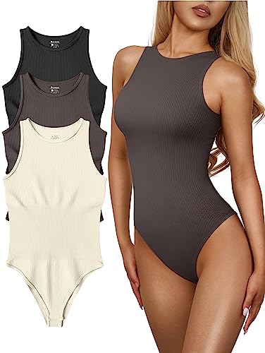 OQQ 3-teiliger Damen-Body, sexy, gerippt, einteilig, ärmellos, Neckholder-Bodys, Schwarzes Teeblatt, Beige, S von OQQ