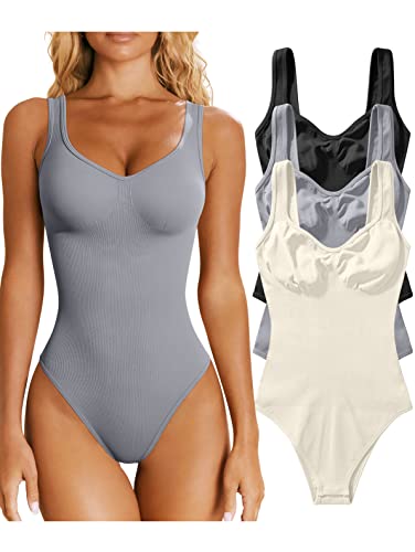 OQQ Damen-Bodysuit, 3-teilig, sexy, gerippt, ärmellos, Bauchkontrolle, Shapewear Tank Tops Bodysuits, Schwarz Grau Beige, Large von OQQ