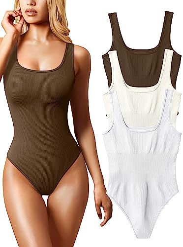 OQQ Damen-Bodysuit, 3-teilig, sexy, gerippt, ärmellos, quadratischer Ausschnitt, L von OQQ