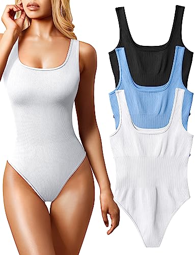 OQQ Damen-Bodysuit, 3-teilig, sexy, gerippt, ärmellos, quadratischer Ausschnitt, M von OQQ