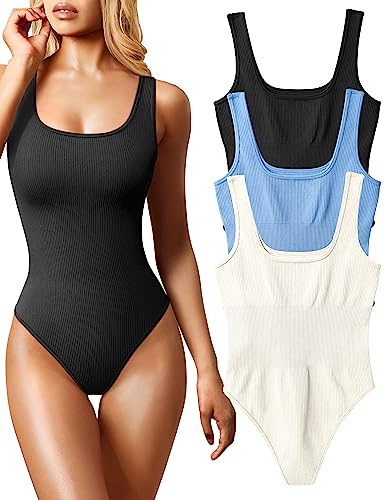 OQQ Damen-Bodysuit, 3-teilig, sexy, gerippt, ärmellos, quadratischer Ausschnitt, S von OQQ