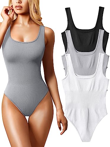 OQQ Damen-Bodysuit, 3-teilig, sexy, gerippt, ärmellos, quadratischer Ausschnitt, Schwarz Grau Weiß, S von OQQ