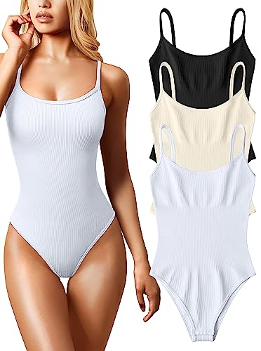 OQQ Damen-Bodysuit, 3-teilig, sexy, gerippt, ärmellos, verstellbar, Spaghetti-Streifen, Tops, Shapewear, Schwarz Beige Weiß, S von OQQ