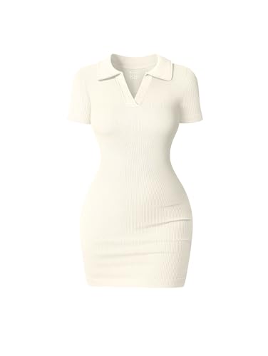OQQ Damen Dresses Mini Kleid 1er Pack Lässige Stylish Elegant Mini Skorts Ausschnitt Kurzarm Kleid Beige von OQQ