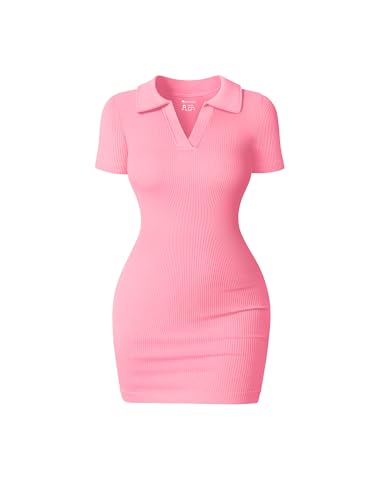 OQQ Damen Dresses Mini Kleid 1er Pack Lässige Stylish Elegant Mini Skorts Ausschnitt Kurzarm Kleid Candypink von OQQ