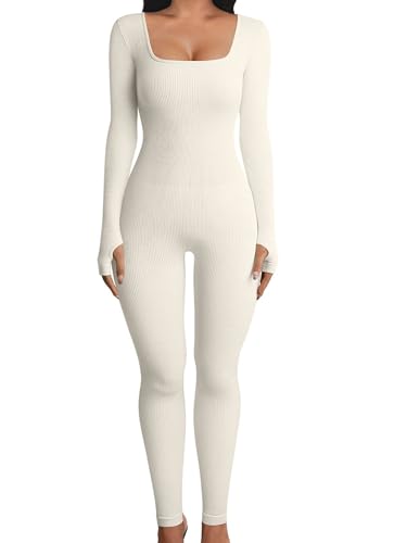 OQQ Damen Jumpsuits mit Langarm Quadratischem Ausschnitt Nahtloses Gerippt Modisches Freizeit Sport Yoga Einteiler Overall Beige von OQQ