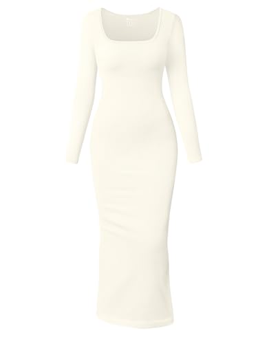 OQQ Damen Kleid Langarm Square Neck Passform Nahtloses Rippdesign Freizeit Loungewear Maxi Kleid Bodycon Beige von OQQ