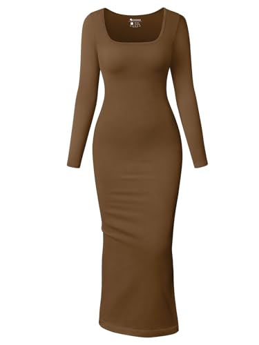 OQQ Damen Kleid Langarm Square Neck Passform Nahtloses Rippdesign Freizeit Loungewear Maxi Kleid Bodycon Kaffee von OQQ