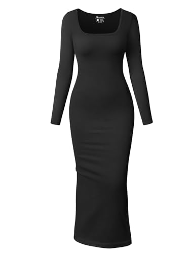 OQQ Damen Kleid Langarm Square Neck Passform Nahtloses Rippdesign Freizeit Loungewear Maxi Kleid Bodycon Schwarz von OQQ