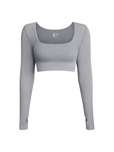 OQQ Damen Langarm Nahtloses Geripptes Oberteil Modisches Freizeit Sport Basic T-Shirt Grau von OQQ