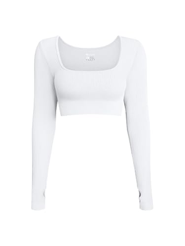 OQQ Damen Langarm Nahtloses Geripptes Oberteil Modisches Freizeit Sport Basic T-Shirt Weiß von OQQ