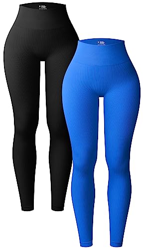 OQQ Damen-Leggings, 2-teilig, Po-Lifting, Yoga-Leggings, Workout, hohe Taille, Bauchkontrolle, gerüschte Booty Pants, Schwarz Klein Blau, L von OQQ