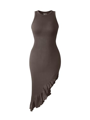 OQQ Damen Minikleider Sexy Ärmellos Rundhals Rüschen Unregelmäßige Bodycon Minikleid, Teeblatt, Klein von OQQ