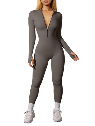 OQQ Damen Sport Jumpsuits Langarm Lässig Freizeit Reißverschluss Nahtlos Yoga Overalls für Frauen Teeblatt OQQ Damen Sport Jumpsuits Langarm Lässig Freizeit Reißverschluss Nahtlos Yoga Overalls für Frauen Teeblatt von OQQ