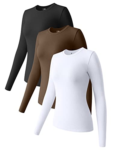 OQQ Damen-T-Shirt, 3-teilig, langärmelig, Rundhalsausschnitt, Stretch, eng anliegend, Unterhemden, Schwarz / Kaffeeweiß, Groß von OQQ