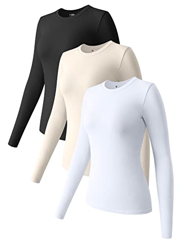 OQQ Damen-T-Shirt, 3-teilig, langärmelig, Rundhalsausschnitt, Stretch, eng anliegend, Unterhemden, Schwarz Beige Weiß, Groß von OQQ