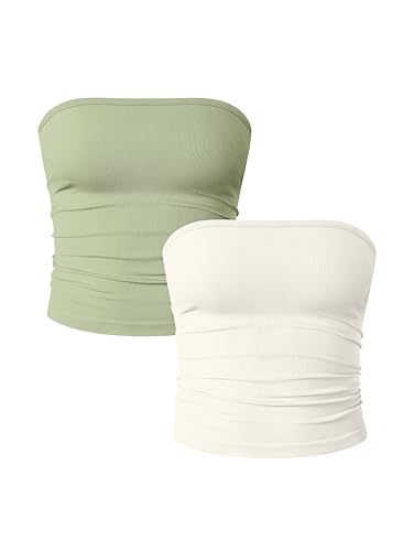 OQQ Damen Tube Tops 2er Pack Ohne Ärmel Slim Fit Camilose Top Cropped Oberteil Tank Top für Damen Grün Beige von OQQ