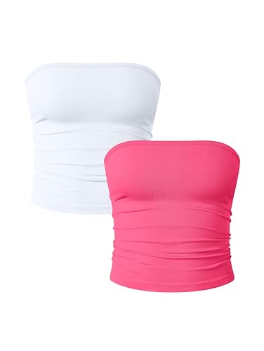OQQ Damen Tube Tops 2er Pack Ohne Ärmel Slim Fit Camilose Top Cropped Oberteil Tank Top für Damen Rosa Weiß von OQQ