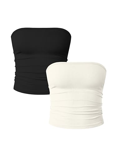 OQQ Damen Tube Tops 2er Pack Ohne Ärmel Slim Fit Camilose Top Cropped Oberteil Tank Top für Damen Schwarz Beige von OQQ