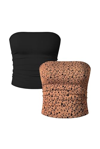 OQQ Damen Tube Tops 2er Pack Ohne Ärmel Slim Fit Camilose Top Cropped Oberteil Tank Top für Damen Schwarz Leopard von OQQ