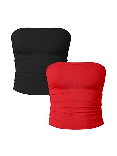 OQQ Damen Tube Tops 2er Pack Ohne Ärmel Slim Fit Camilose Top Cropped Oberteil Tank Top für Damen Schwarz Rot von OQQ