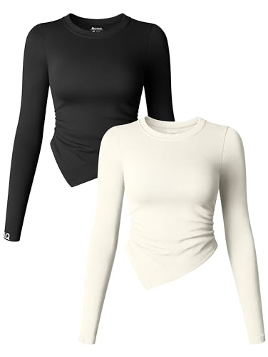 OQQ Damen-Unterhemd, langärmelig, Rundhalsausschnitt, gerüscht, Stretch, enganliegend, Unterhemd, Schicht-T-Shirts, Tops, Schwarz, Beige, Groß von OQQ