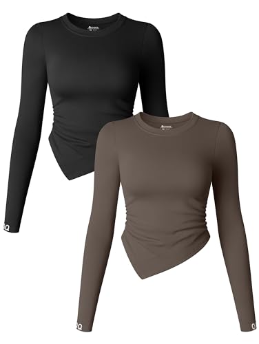 OQQ Damen-Unterhemd, langärmelig, Rundhalsausschnitt, gerüscht, Stretch, enganliegend, Unterhemd, Schicht-T-Shirts, Tops, Schwarz, Teeblatt, Mittel von OQQ