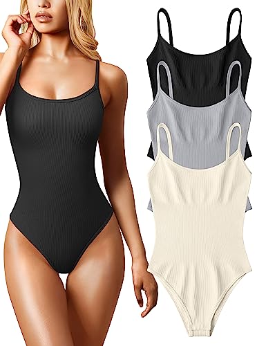 OQQ Damen Yoga Bodysuits Gerippte Einteiler Spaghettiträger Bauchweg Tops Bodysuits, Schwarz Grau Beige, L von OQQ