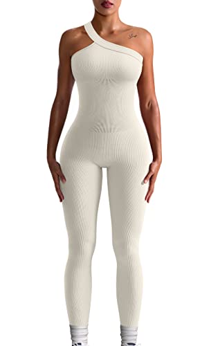 OQQ Damen-Yoga-Jumpsuits, Workout, gerippt, einteilig, einteilig, Sport-Jumpsuits, Beige, Small von OQQ